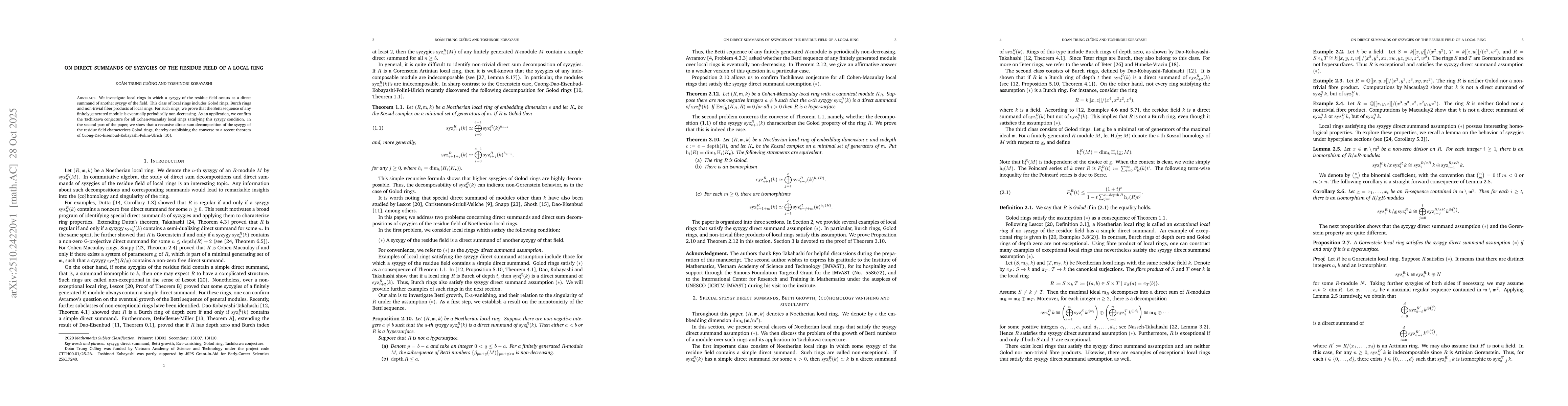 Thumbnail for On direct summands of syzygies of the residue field of a local ring