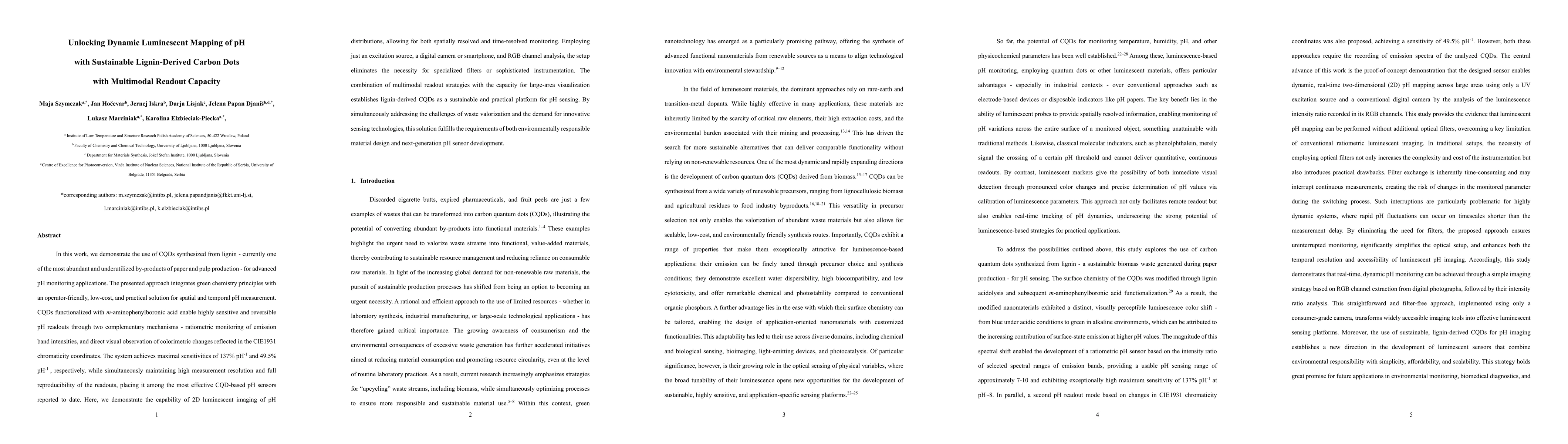 Thumbnail for Unlocking Dynamic Luminescent Mapping of pH with Sustainable
  Lignin-Derived Carbon Dots with Multimodal Readout Capacity
