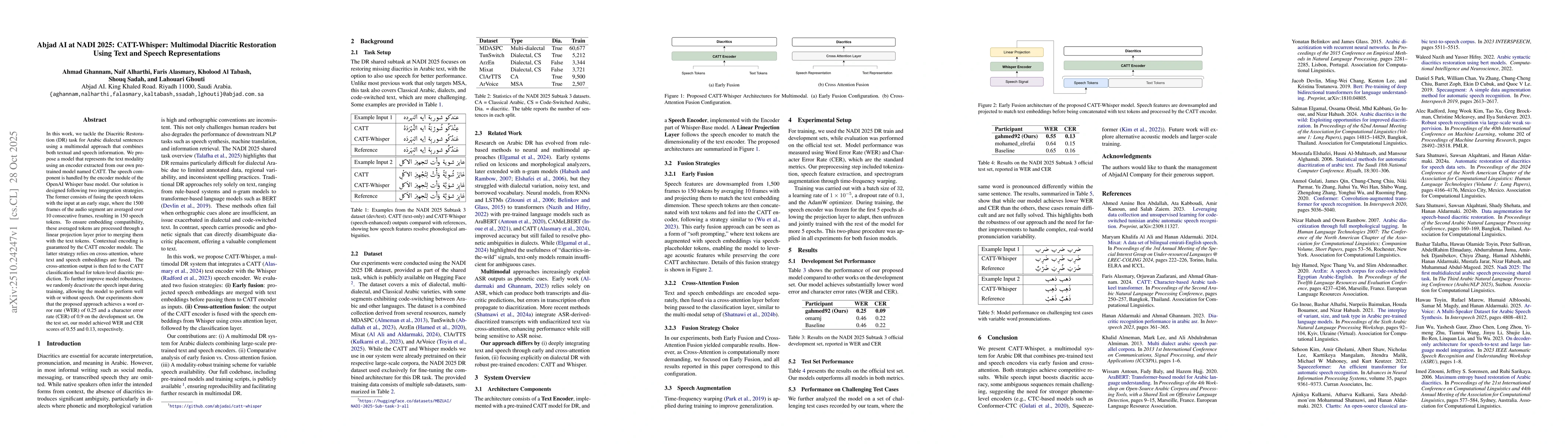 Thumbnail for Abjad AI at NADI 2025: CATT-Whisper: Multimodal Diacritic Restoration
  Using Text and Speech Representations