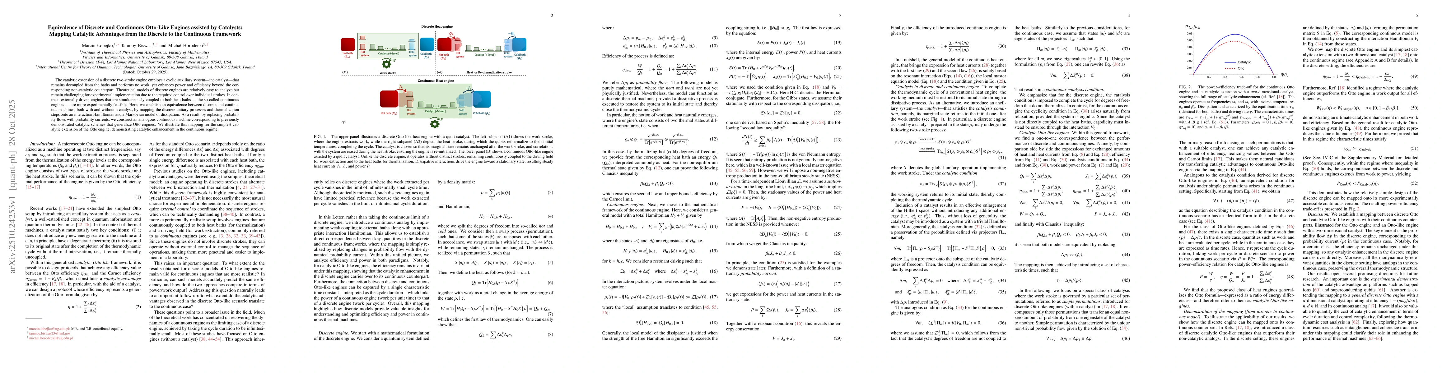 Thumbnail for Equivalence of Discrete and Continuous Otto-Like Engines assisted by
  Catalysts: Mapping Catalytic Advantages from the Discrete to the Continuous
  Framework
