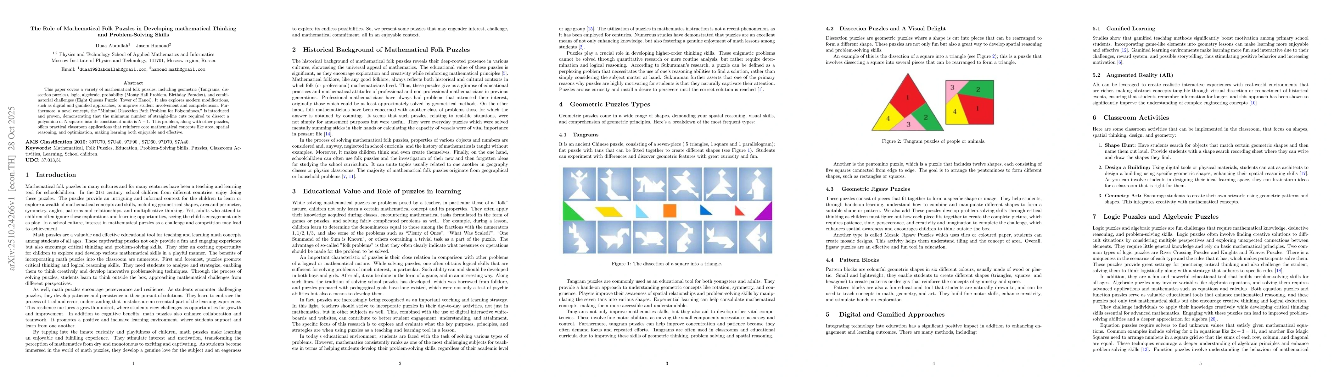 Thumbnail for The Role of Mathematical Folk Puzzles in Developing mathematical
  Thinking and Problem-Solving Skills