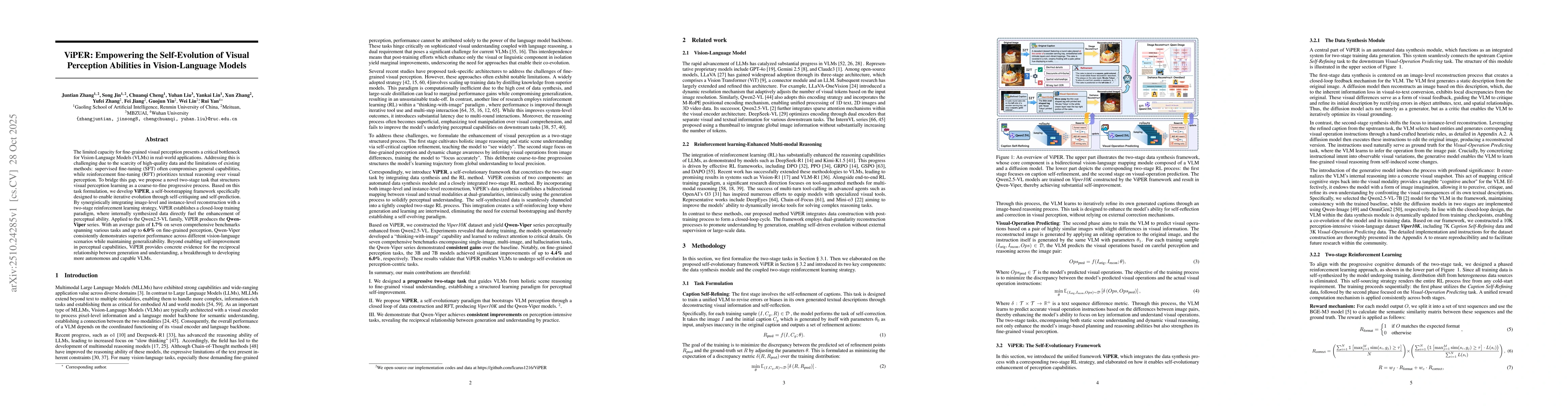 Thumbnail for ViPER: Empowering the Self-Evolution of Visual Perception Abilities in
  Vision-Language Model