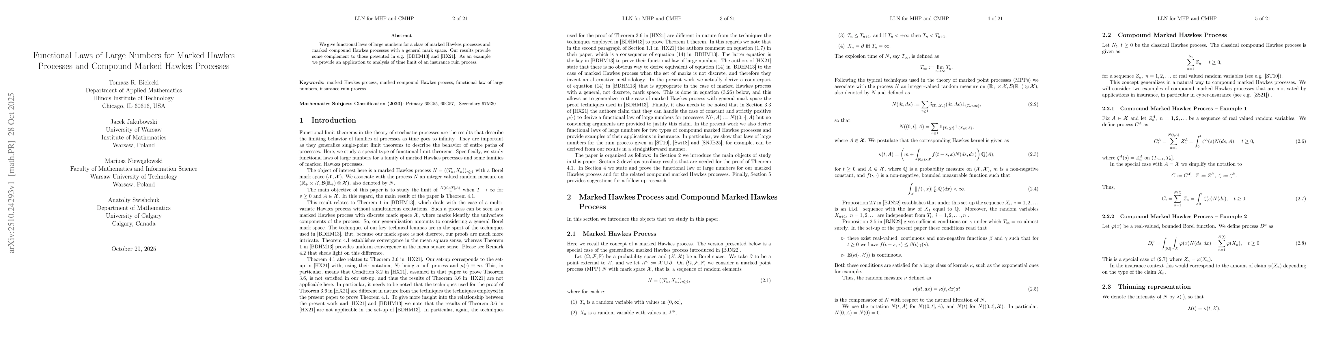 Thumbnail for Functional Laws of Large Numbers for Marked Hawkes Processes and
  Compound Marked Hawkes Processes