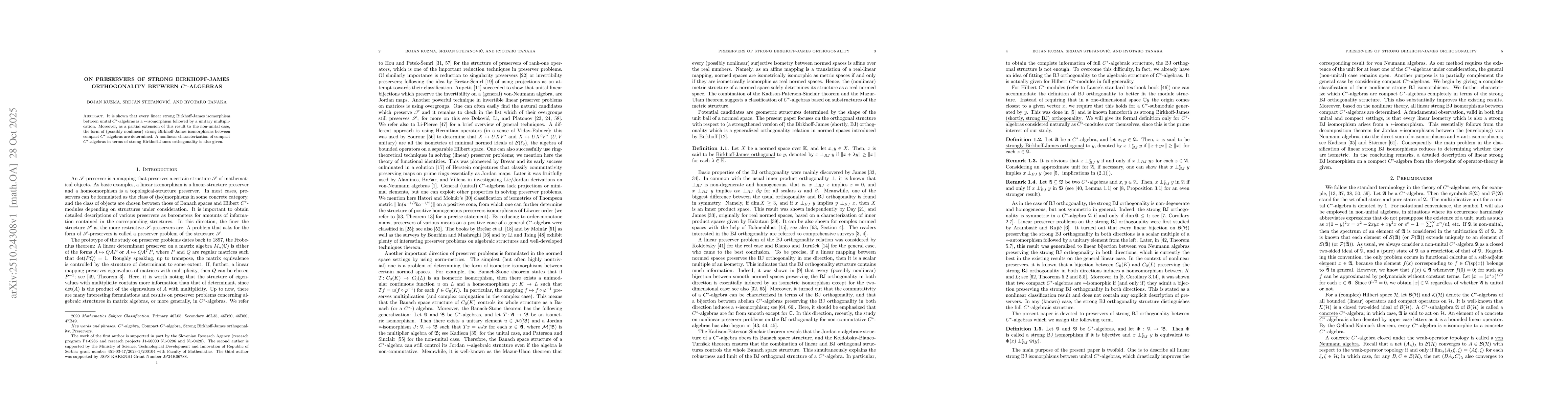 Thumbnail for On preservers of strong Birkhoff-James orthogonality between
  $C^*$-algebras