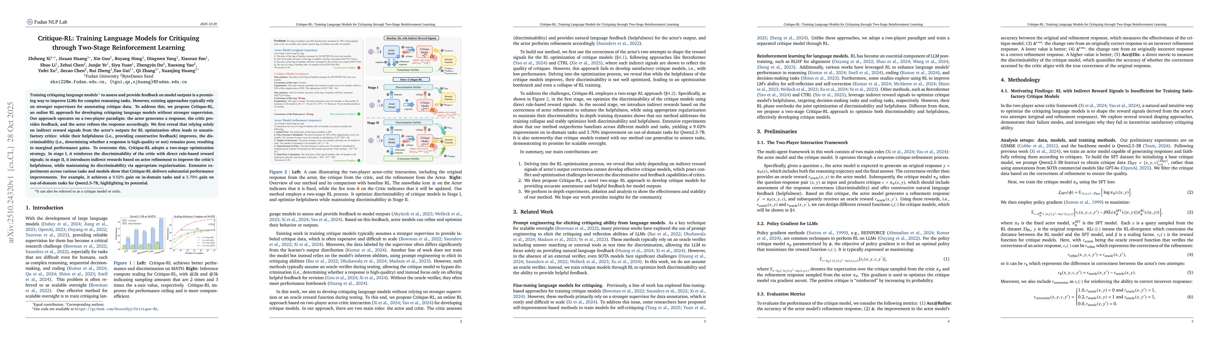Thumbnail for Critique-RL: Training Language Models for Critiquing through Two-Stage
  Reinforcement Learning