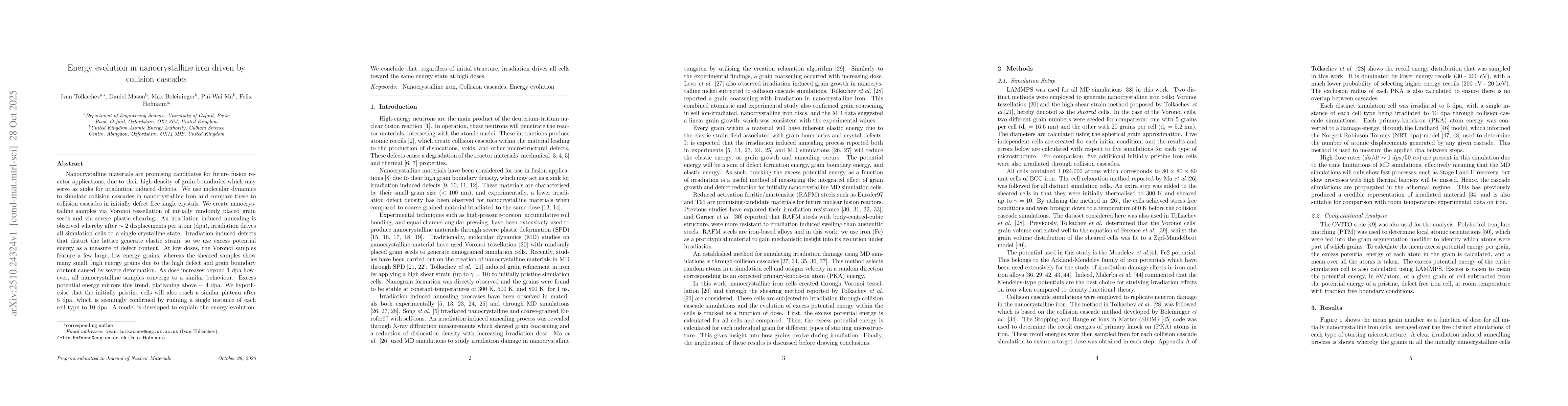 Thumbnail for Energy evolution in nanocrystalline iron driven by collision cascades