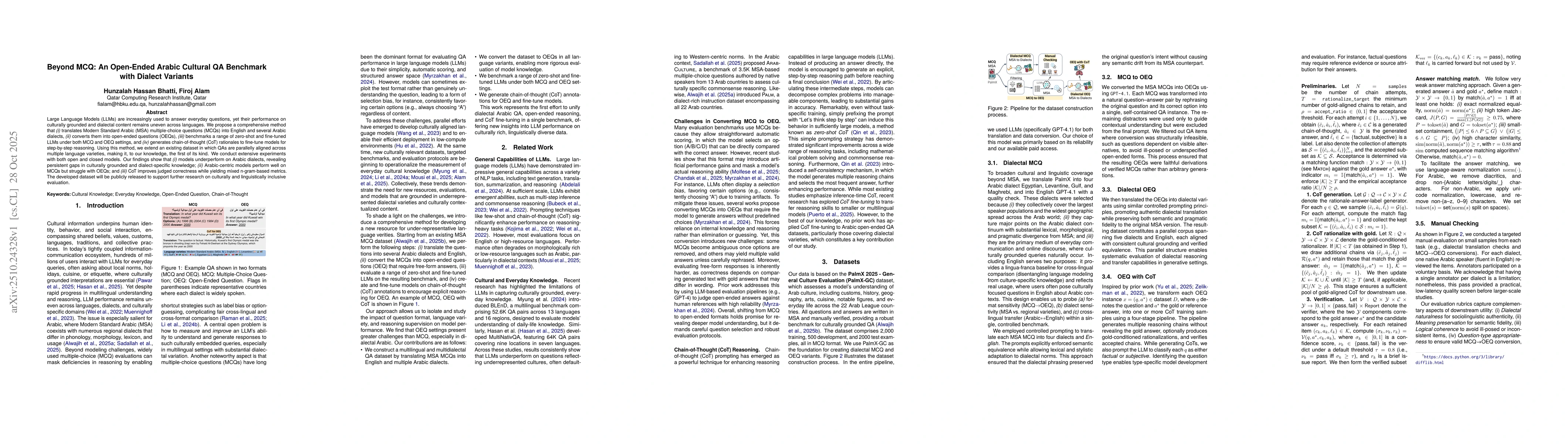 Thumbnail for Beyond MCQ: An Open-Ended Arabic Cultural QA Benchmark with Dialect
  Variants