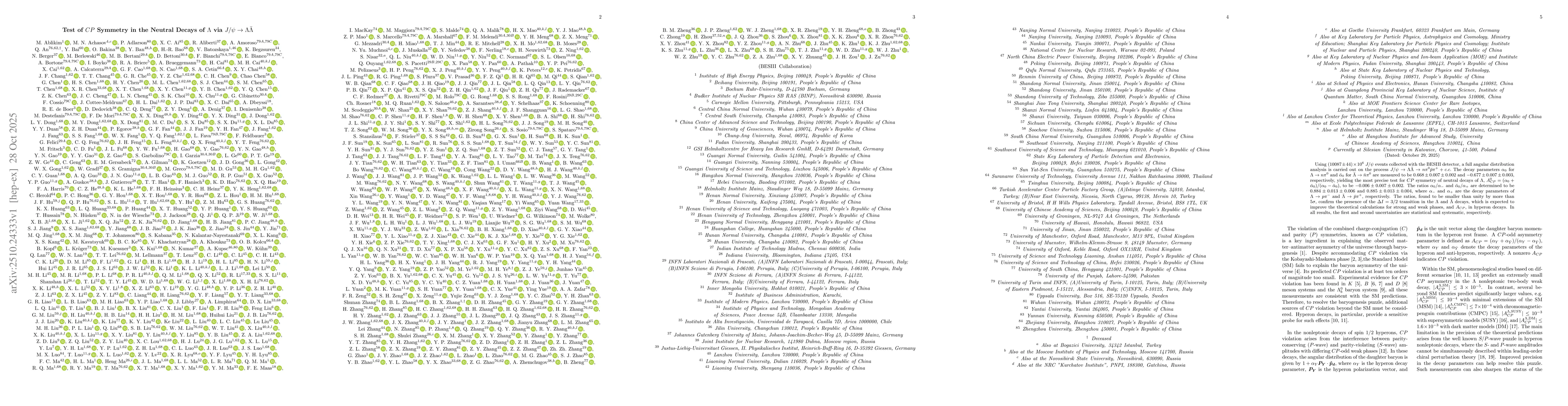Thumbnail for Test of $CP$ Symmetry in the Neutral Decays of $Λ$ via
  $J/ψ\toΛ\barΛ$