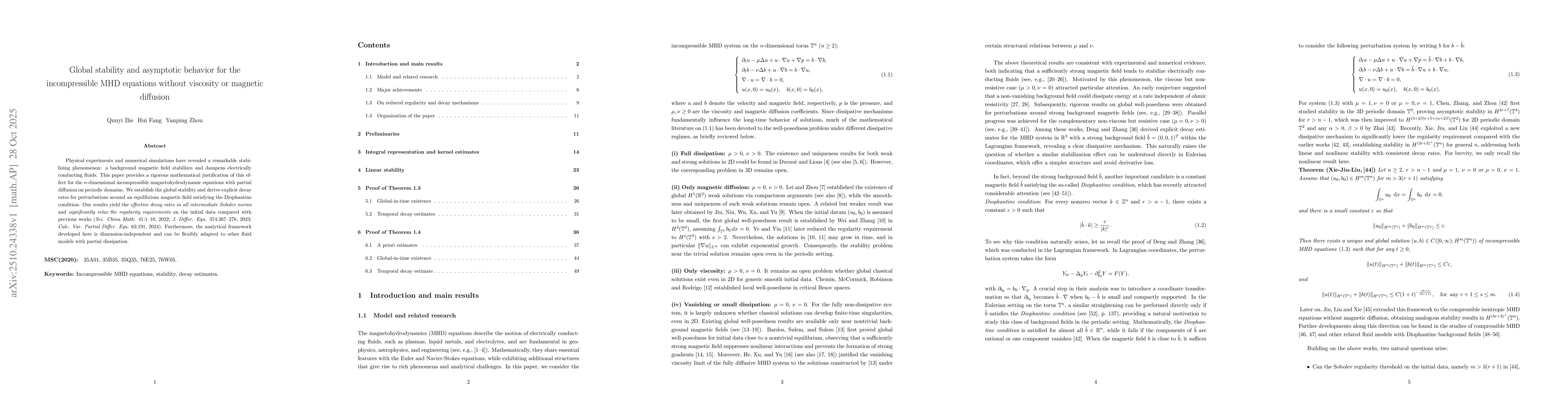 Thumbnail for Global stability and asymptotic behavior for the incompressible MHD
  equations without viscosity or magnetic diffusion