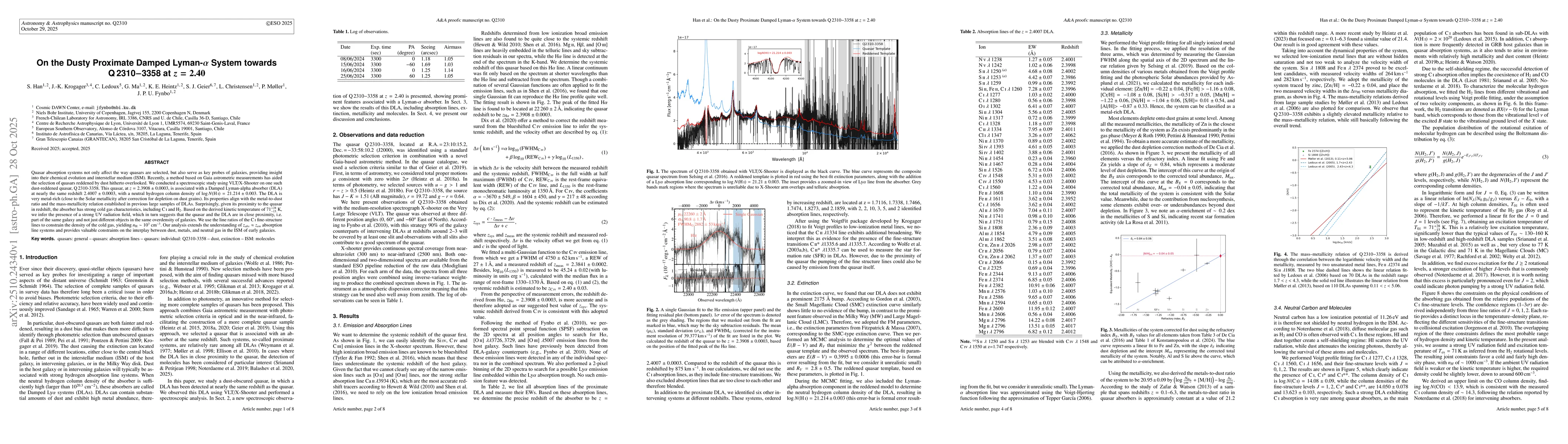 Thumbnail for On the Dusty Proximate Damped Lyman-$α$ System towards Q2310-3358
  at $z=2.40$