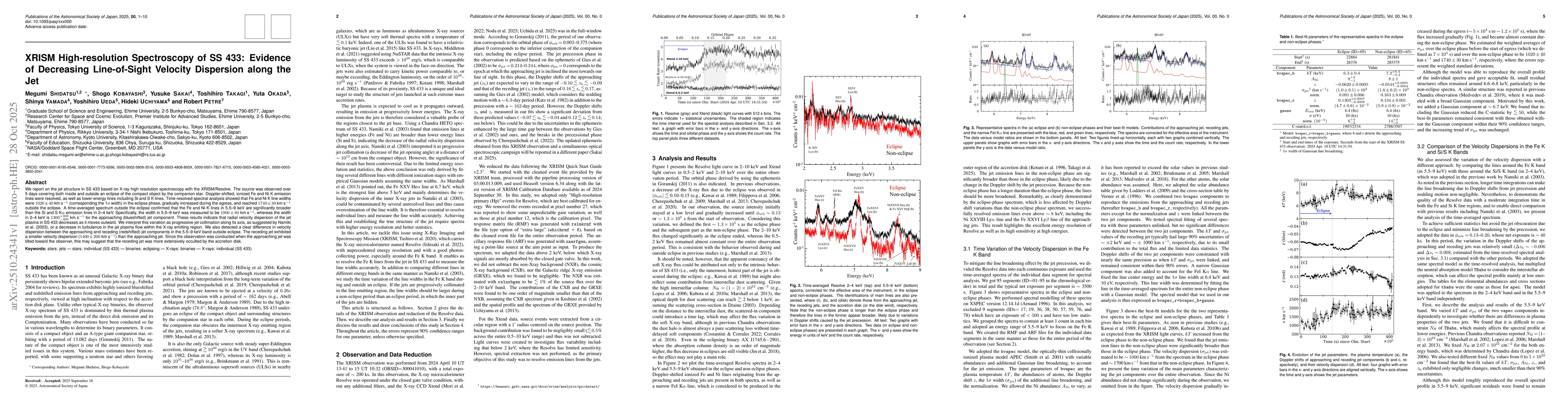 Thumbnail for XRISM High-resolution Spectroscopy of SS 433: Evidence of Decreasing
  Line-of-Sight Velocity Dispersion along the Jet