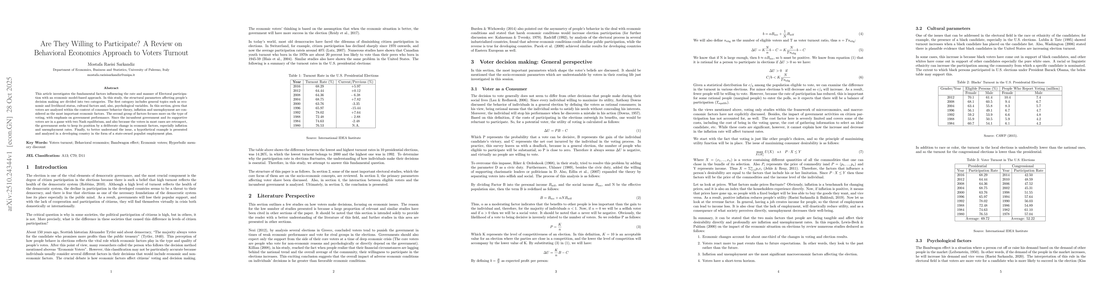 Thumbnail for Are They Willing to Participate? A Review on Behavioral Economics
  Approach to Voters Turnout