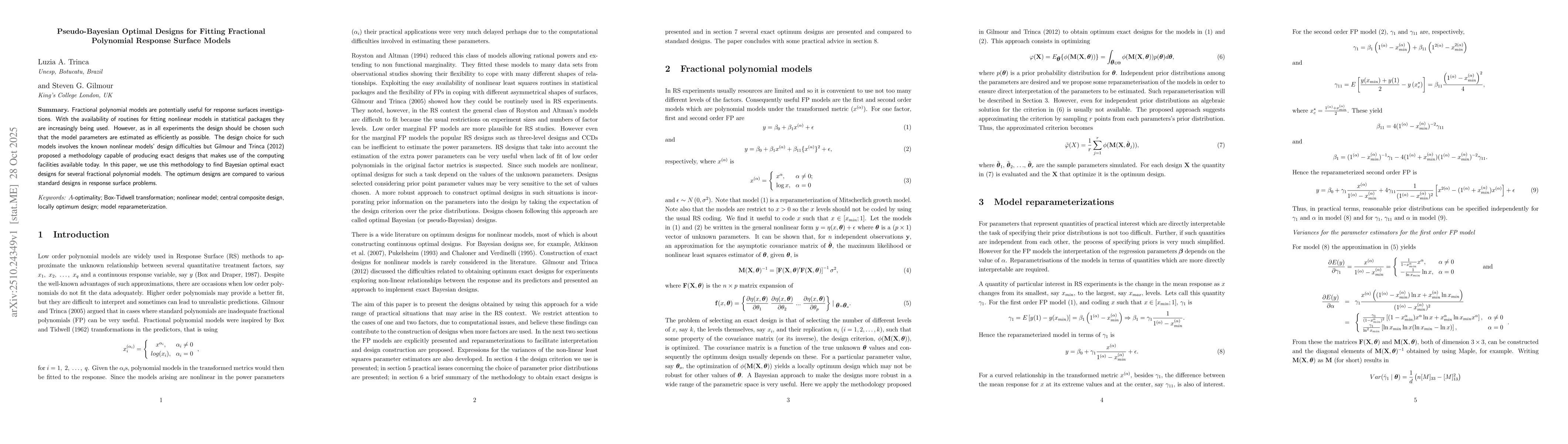 Thumbnail for Pseudo-Bayesian Optimal Designs for Fitting Fractional Polynomial
  Response Surface Models