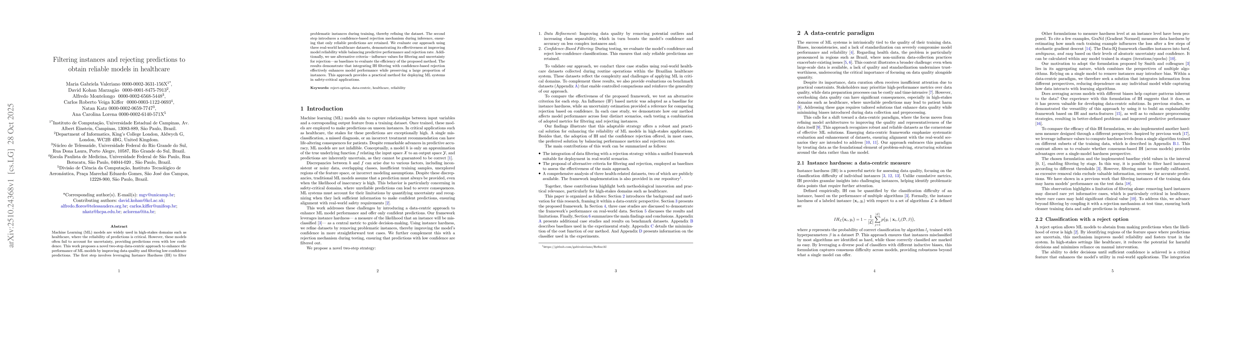 Thumbnail for Filtering instances and rejecting predictions to obtain reliable models
  in healthcare