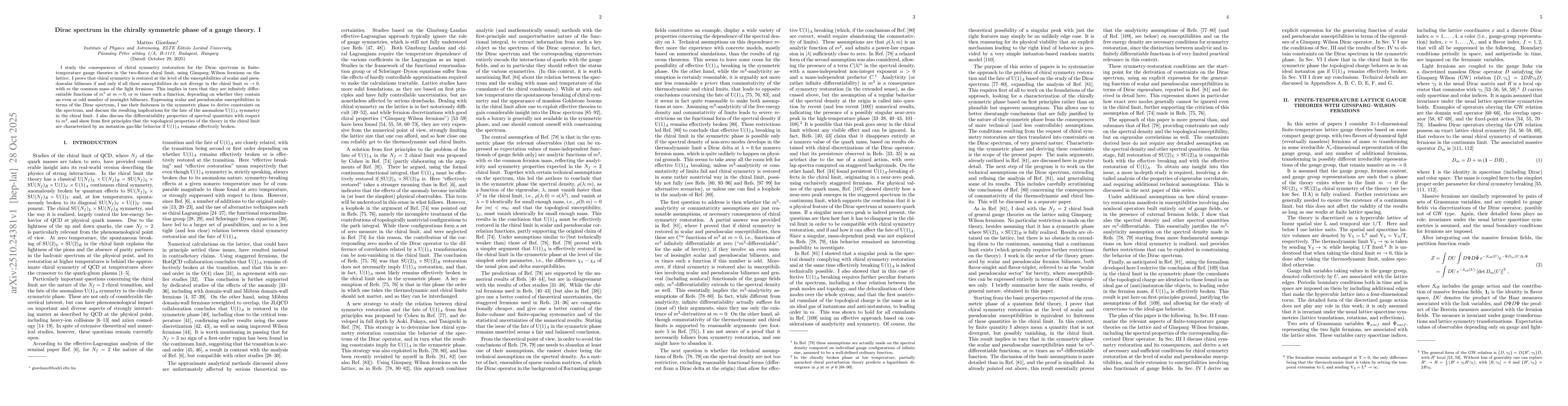 Thumbnail for Dirac spectrum in the chirally symmetric phase of a gauge theory. I