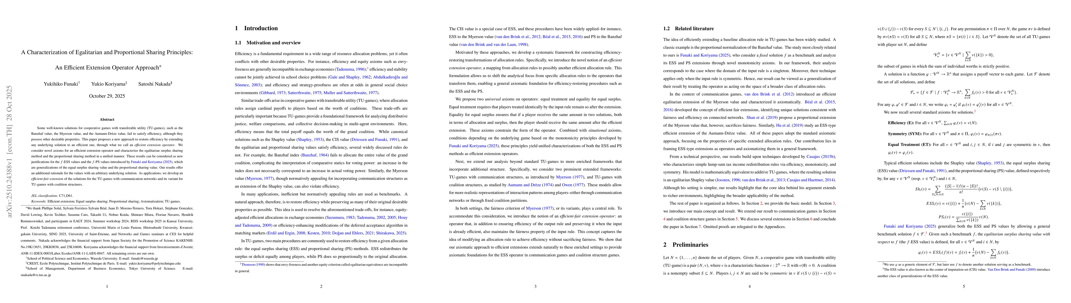 Thumbnail for A Characterization of Egalitarian and Proportional Sharing Principles:
  An Efficient Extension Operator Approach