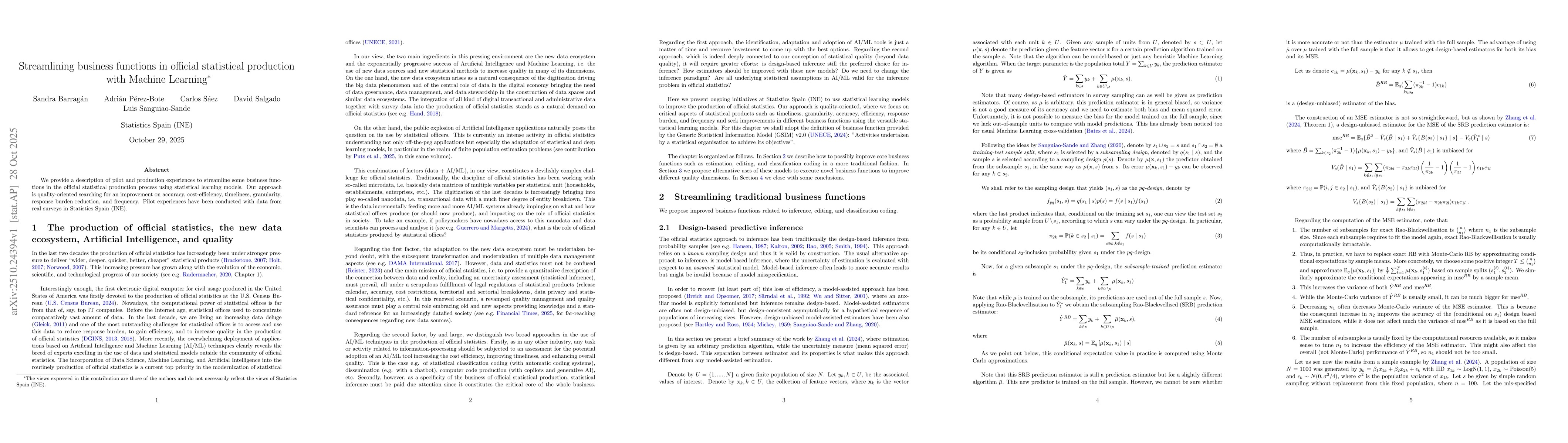 Thumbnail for Streamlining business functions in official statistical production with
  Machine Learning