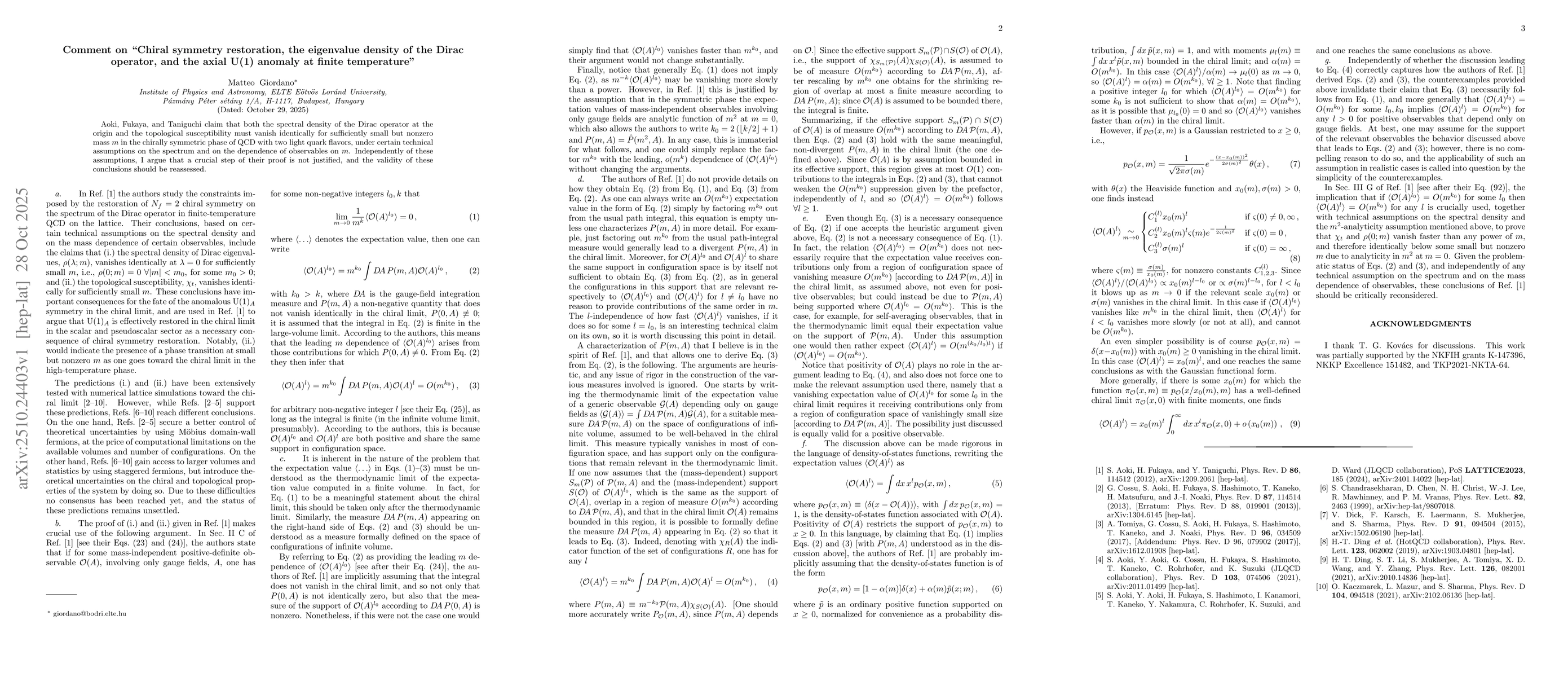 Thumbnail for Comment on "Chiral symmetry restoration, the eigenvalue density of the
  Dirac operator, and the axial U(1) anomaly at finite temperature"
