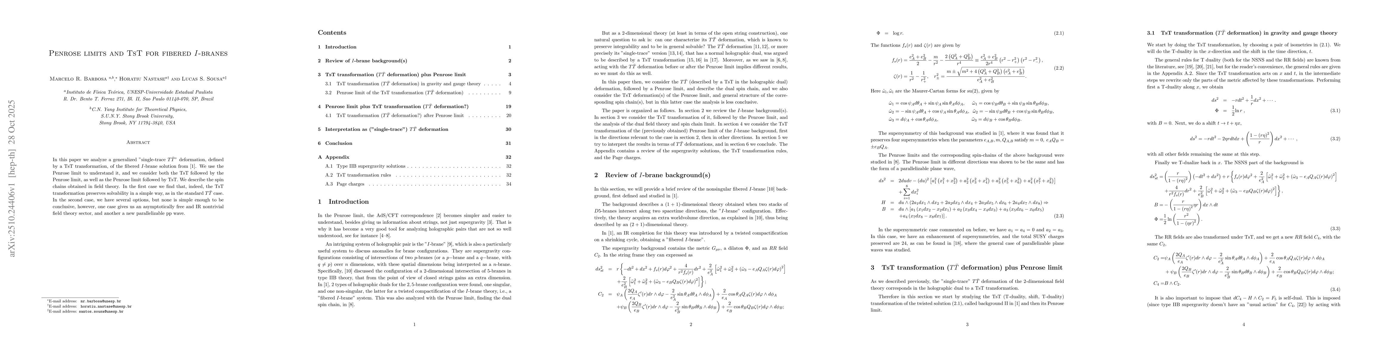 Thumbnail for Penrose limits and TsT for fibered $I$-branes