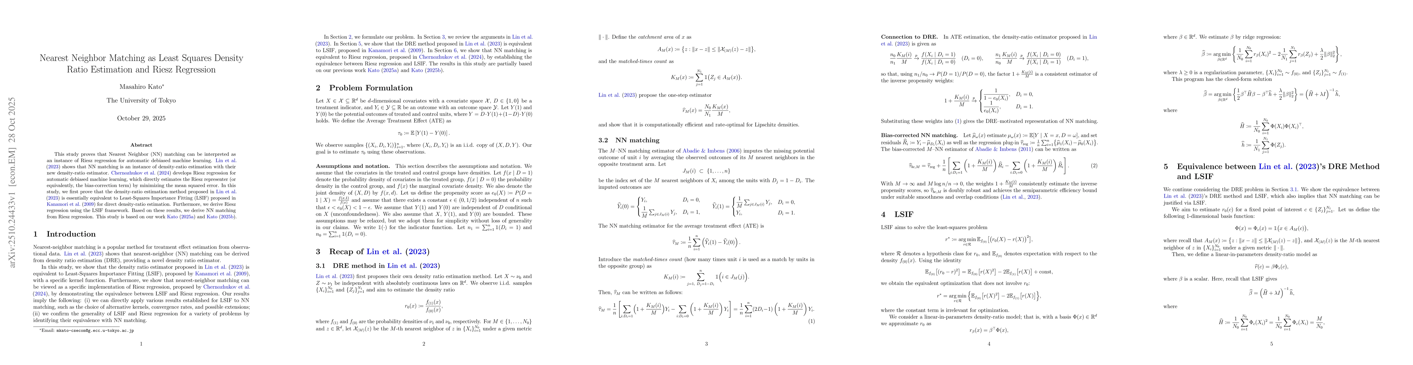 Thumbnail for Nearest Neighbor Matching as Least Squares Density Ratio Estimation and
  Riesz Regression