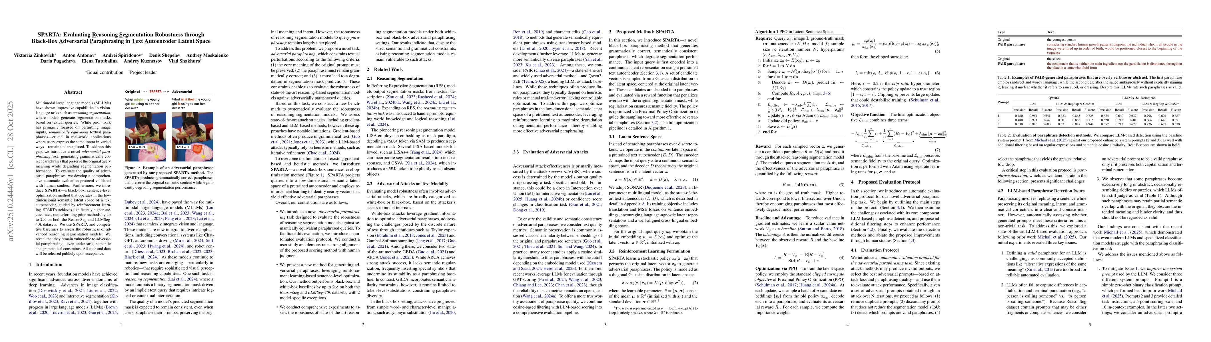 Thumbnail for SPARTA: Evaluating Reasoning Segmentation Robustness through Black-Box
  Adversarial Paraphrasing in Text Autoencoder Latent Space