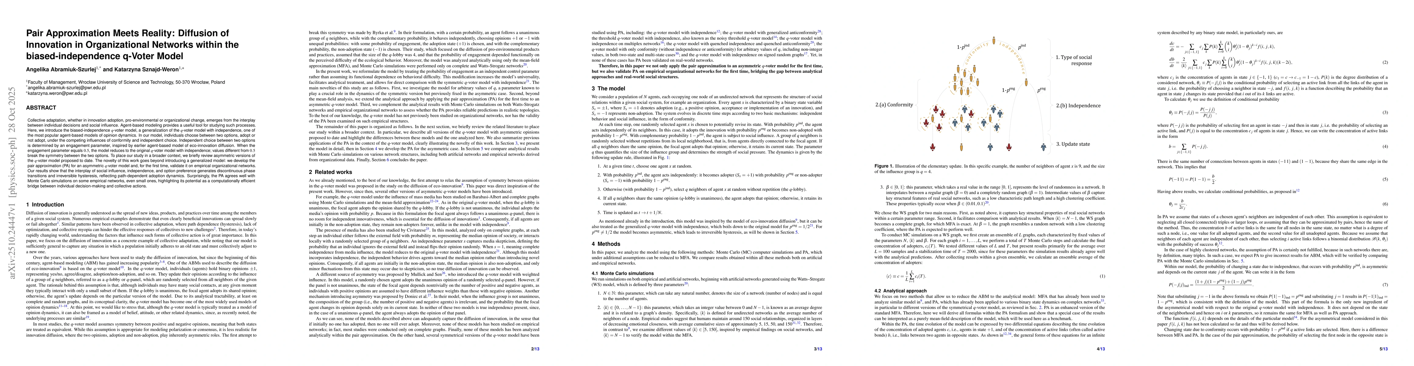 Thumbnail for Pair Approximation Meets Reality: Diffusion of Innovation in
  Organizational Networks within the biased-independence q-Voter Model