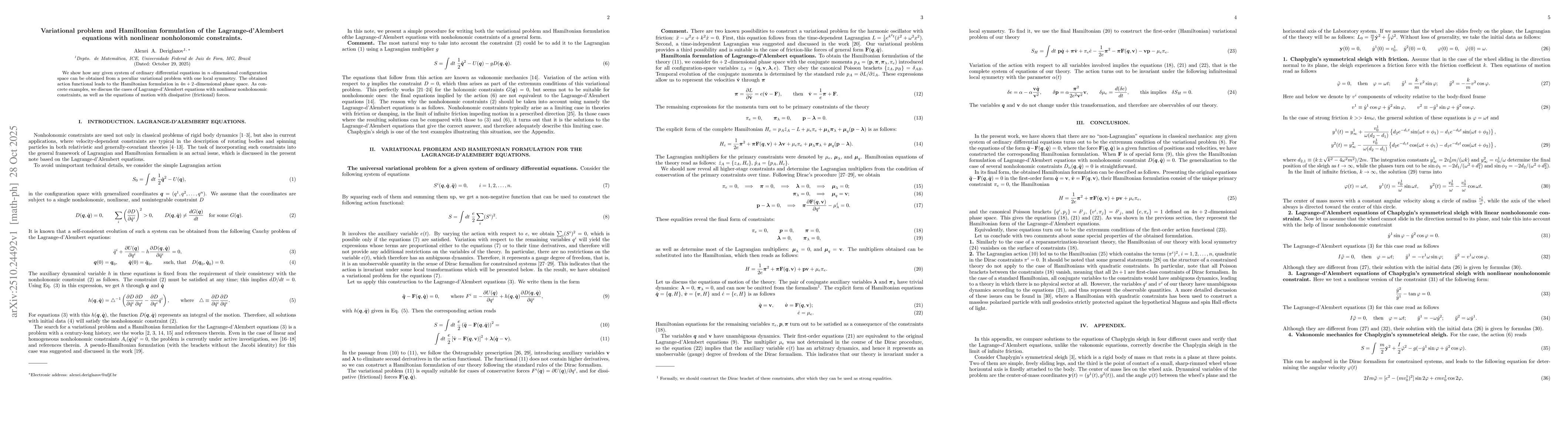 Thumbnail for Variational problem and Hamiltonian formulation of the
  Lagrange-d'Alembert equations with nonlinear nonholonomic constraints