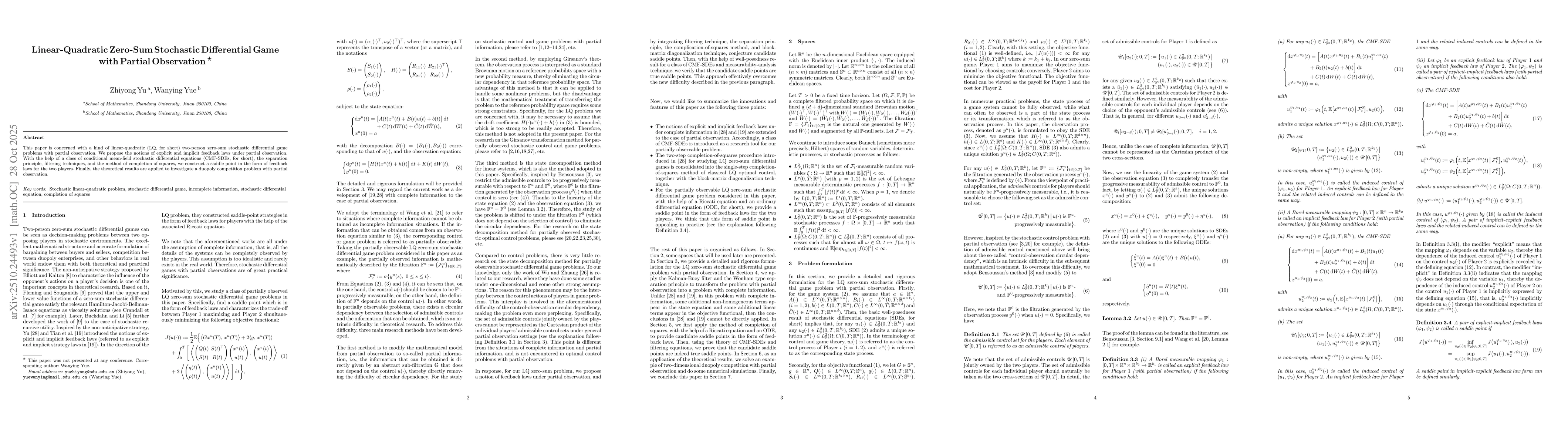 Thumbnail for Linear-Quadratic Zero-Sum Stochastic Differential Game with Partial
  Observation