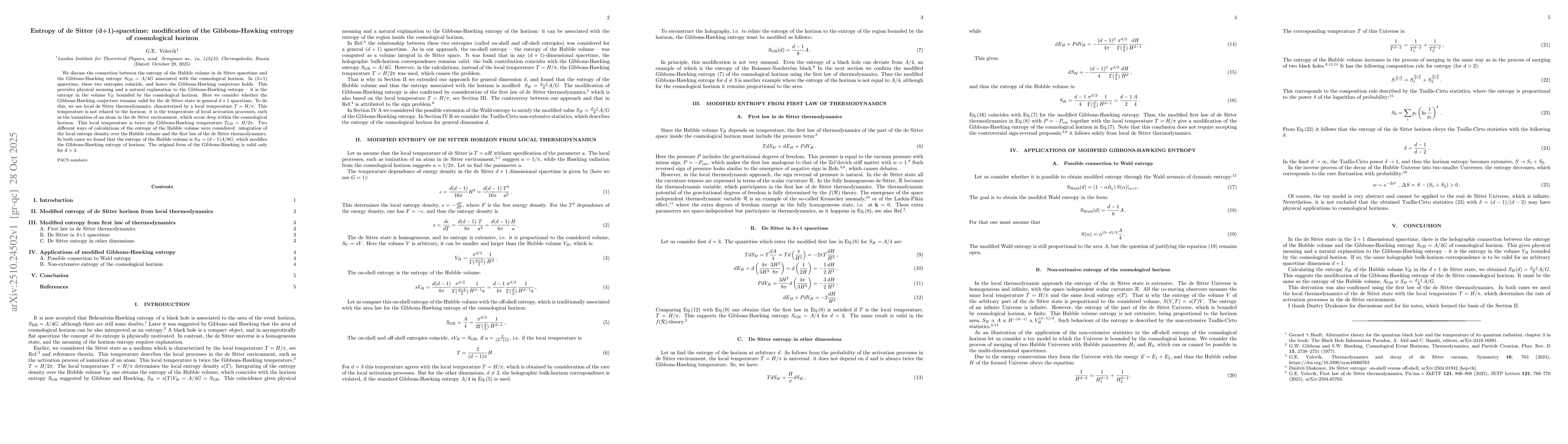 Thumbnail for Entropy of de Sitter (d+1)-spacetime: modification of the
  Gibbons-Hawking entropy of cosmological horizon