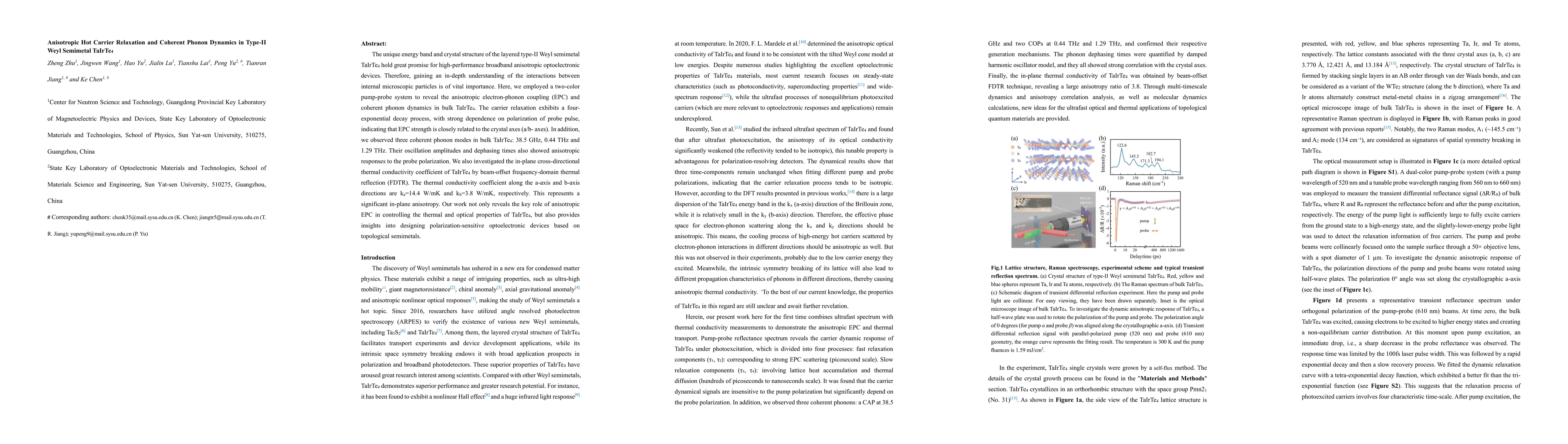 Thumbnail for Anisotropic Hot Carrier Relaxation and Coherent Phonon Dynamics in
  Type-II Weyl Semimetal TaIrTe4