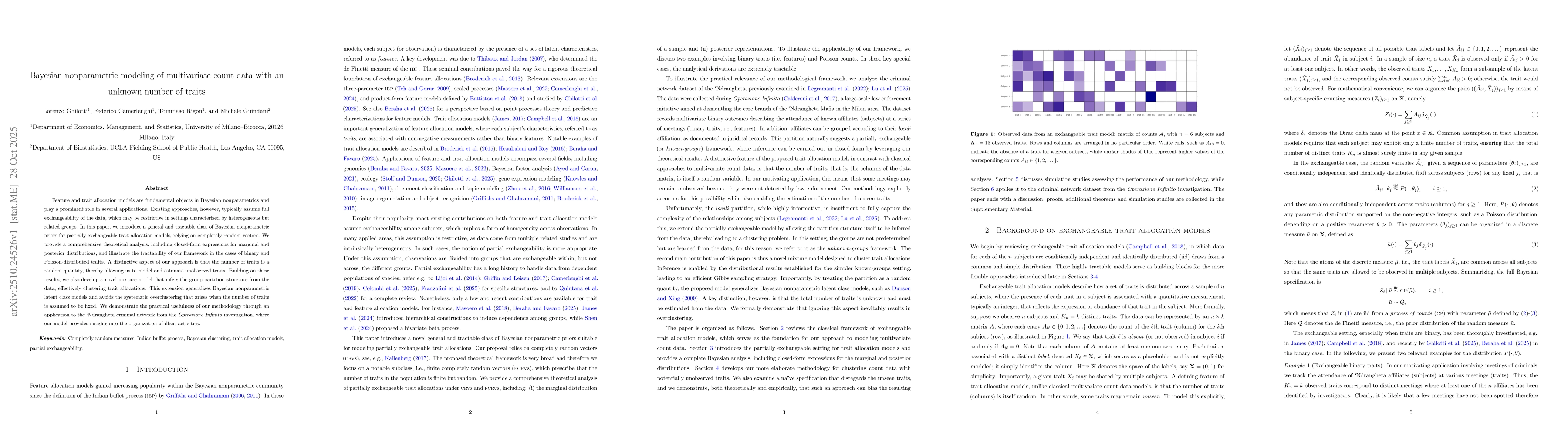 Thumbnail for Bayesian nonparametric modeling of multivariate count data with an
  unknown number of traits