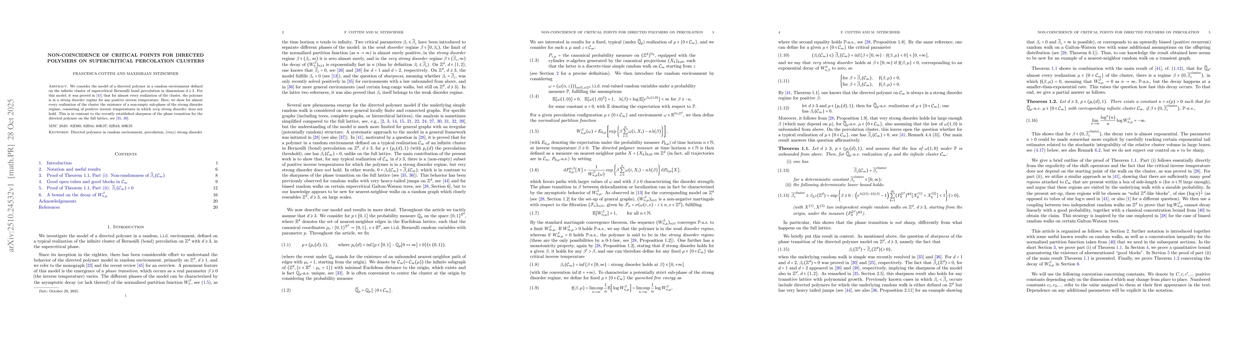 Thumbnail for Non-coincidence of critical points for directed polymers on
  supercritical percolation clusters