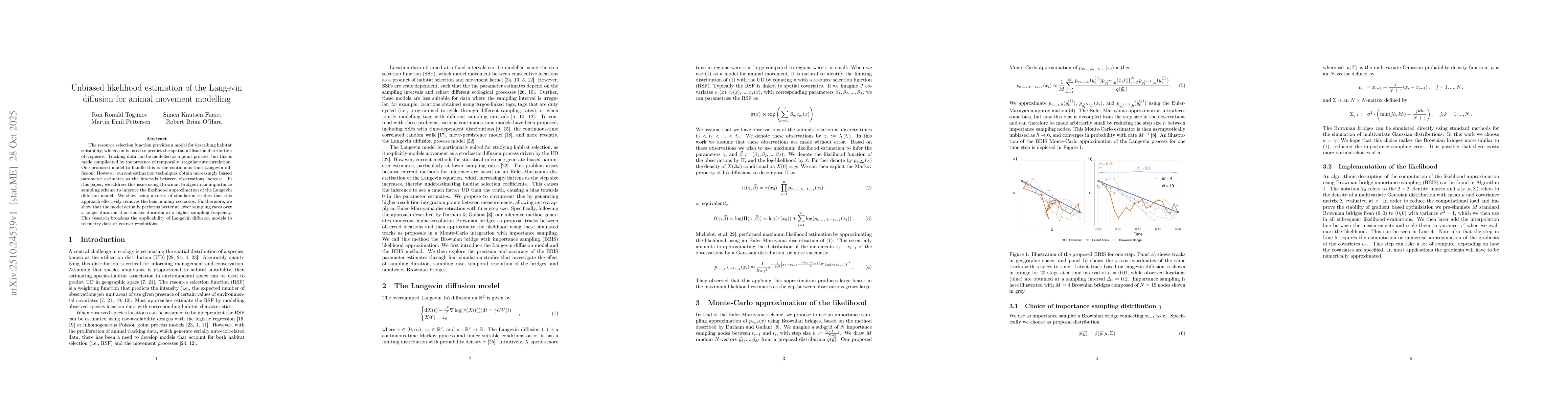 Thumbnail for Unbiased likelihood estimation of the Langevin diffusion for animal
  movement modelling