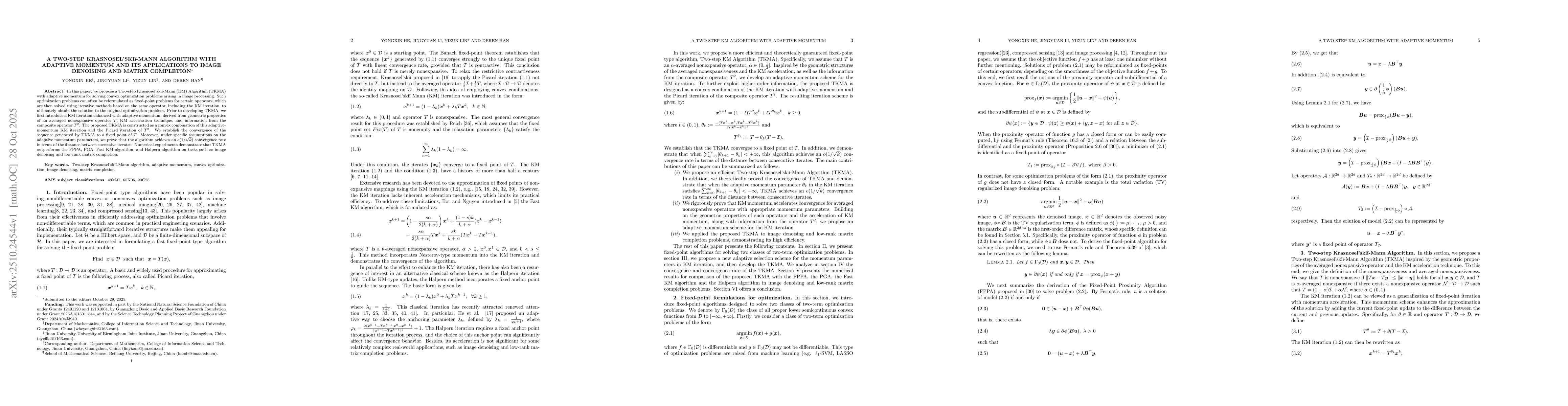 Thumbnail for A Two-step Krasnosel'skii-Mann Algorithm with Adaptive Momentum and Its
  Applications to Image Denoising and Matrix Completion