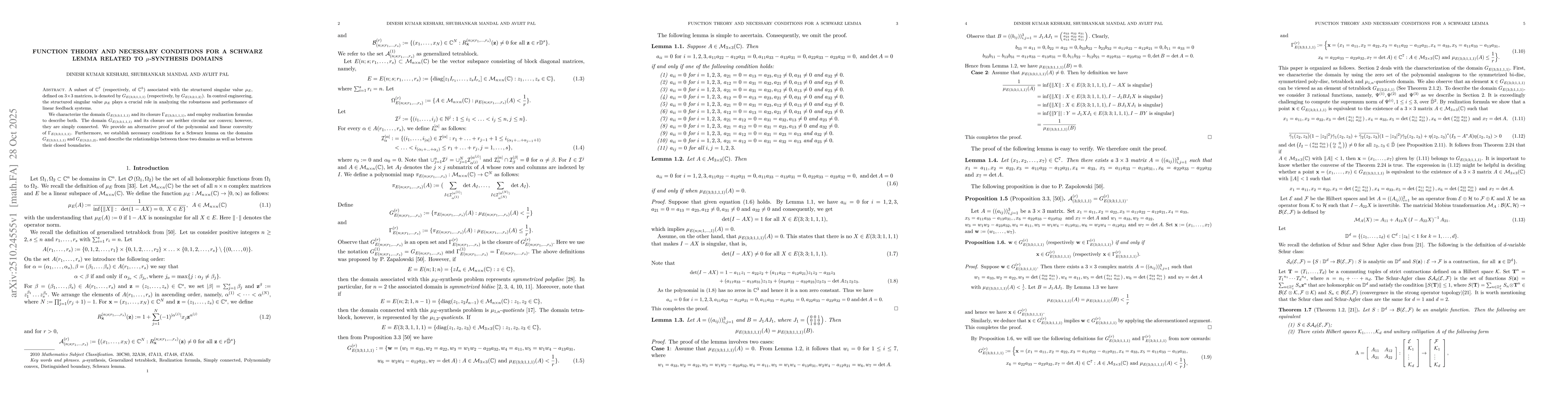 Thumbnail for Function Theory and necessary conditions for a Schwarz lemma related to
  $μ$-Synthesis Domains