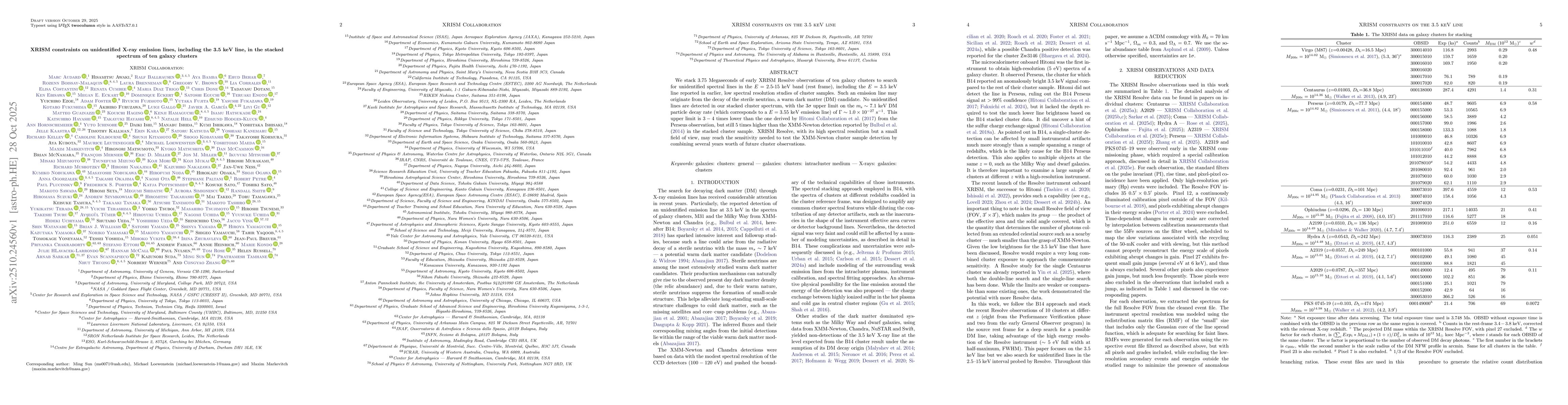 Thumbnail for XRISM constraints on unidentified X-ray emission lines, including the
  3.5 keV line, in the stacked spectrum of ten galaxy clusters