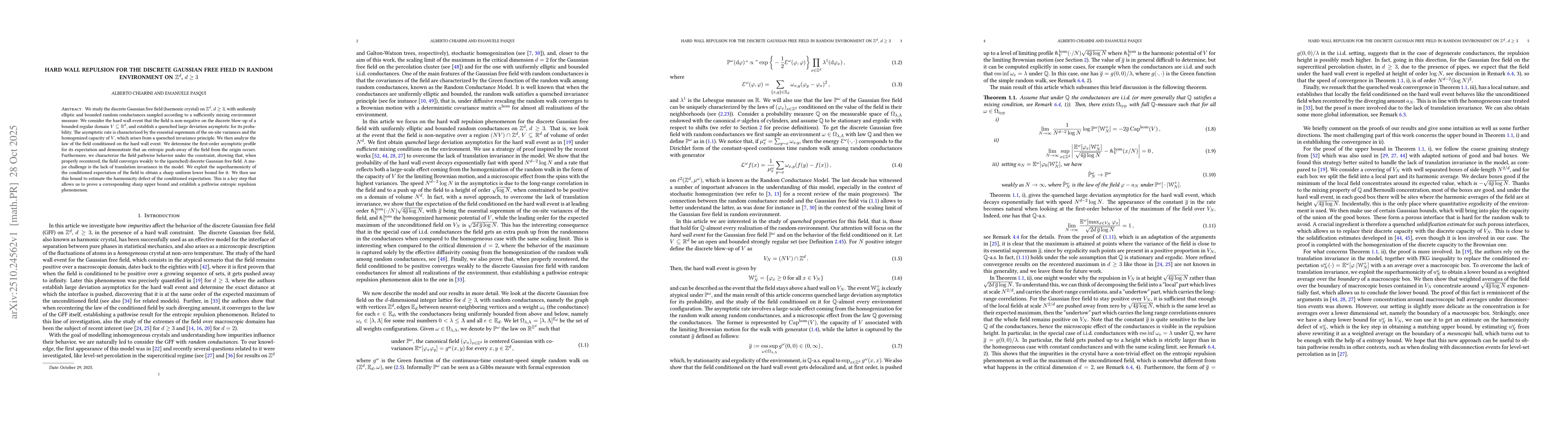 Thumbnail for Hard wall repulsion for the discrete Gaussian free field in random
  environment on $\mathbb{Z}^d$, $d\geq 3$