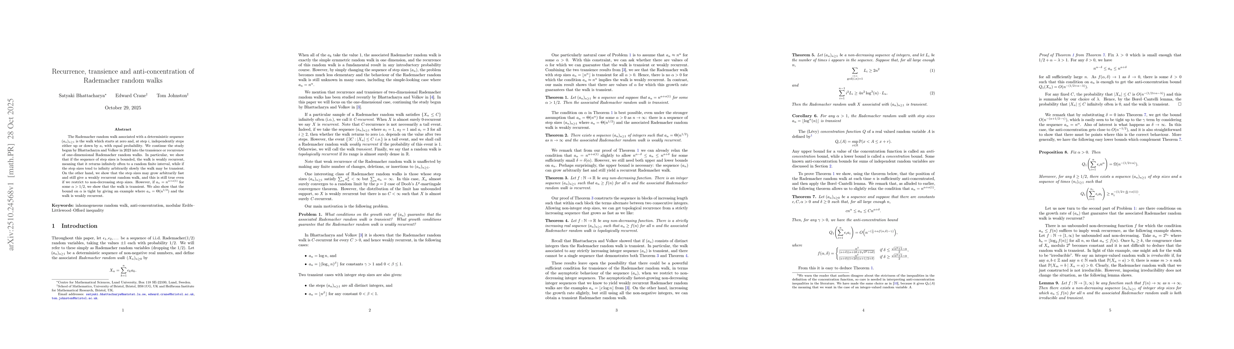 Thumbnail for Recurrence, transience and anti-concentration of Rademacher random walks