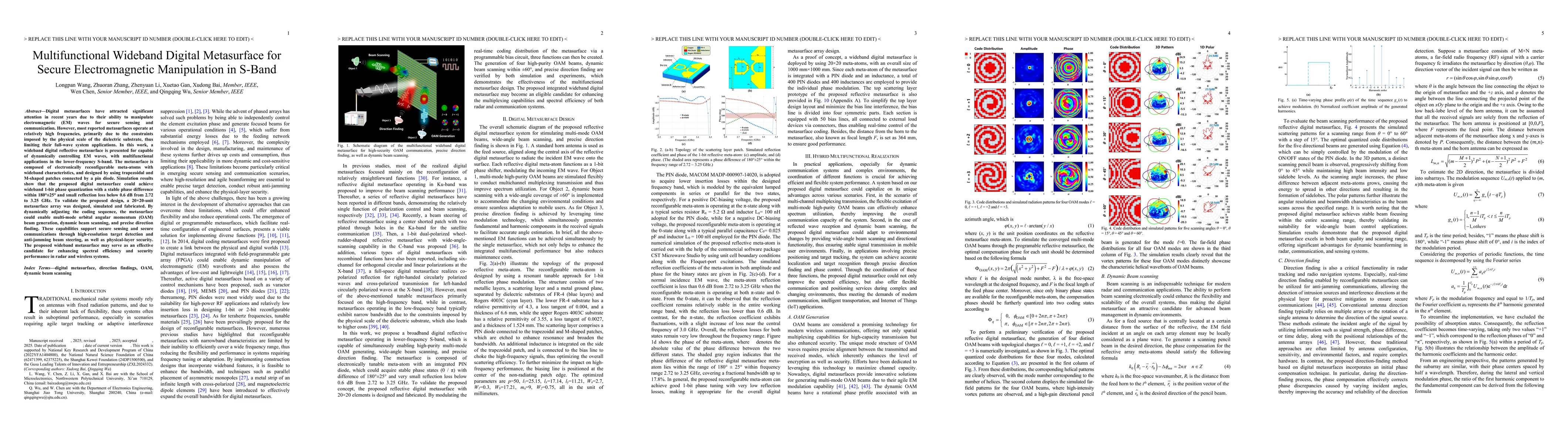 Thumbnail for Multifunctional Wideband Digital Metasurface for Secure Electromagnetic
  Manipulation in S-Band