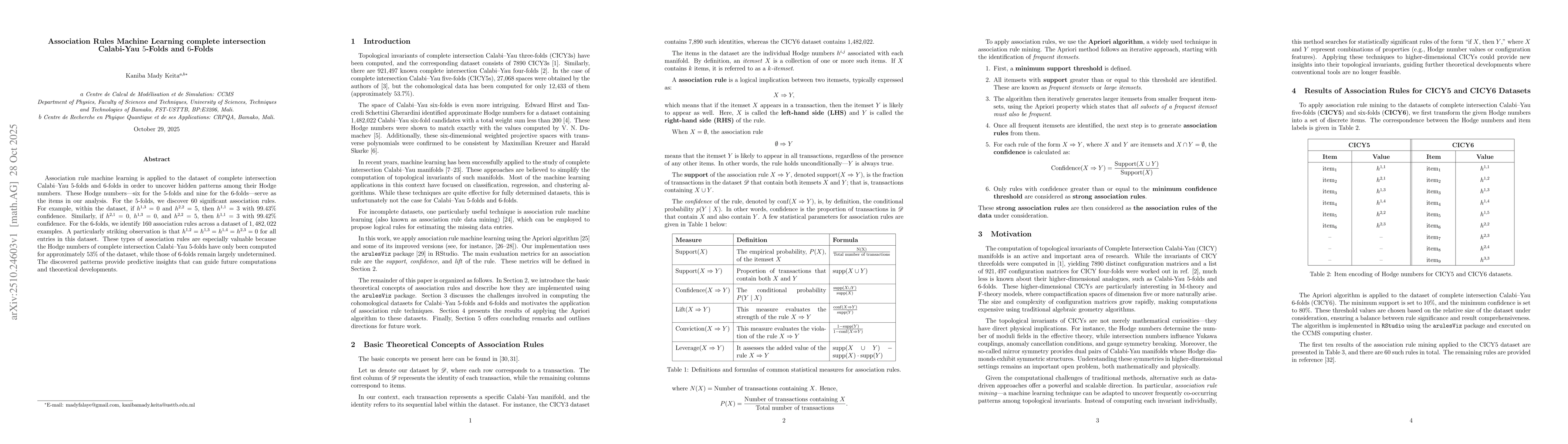 Thumbnail for Association Rules Machine Learning complete intersection Calabi-Yau
  5-Folds and 6-Folds