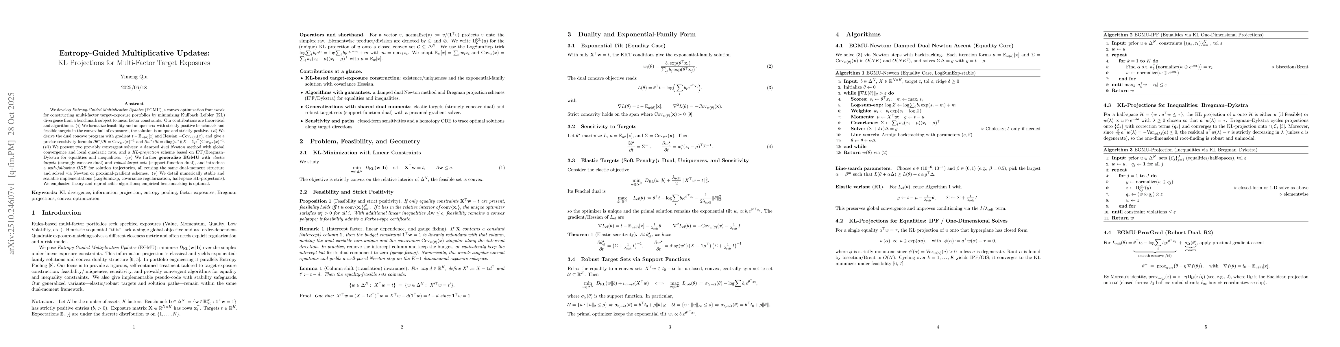 Thumbnail for Entropy-Guided Multiplicative Updates: KL Projections for Multi-Factor
  Target Exposures