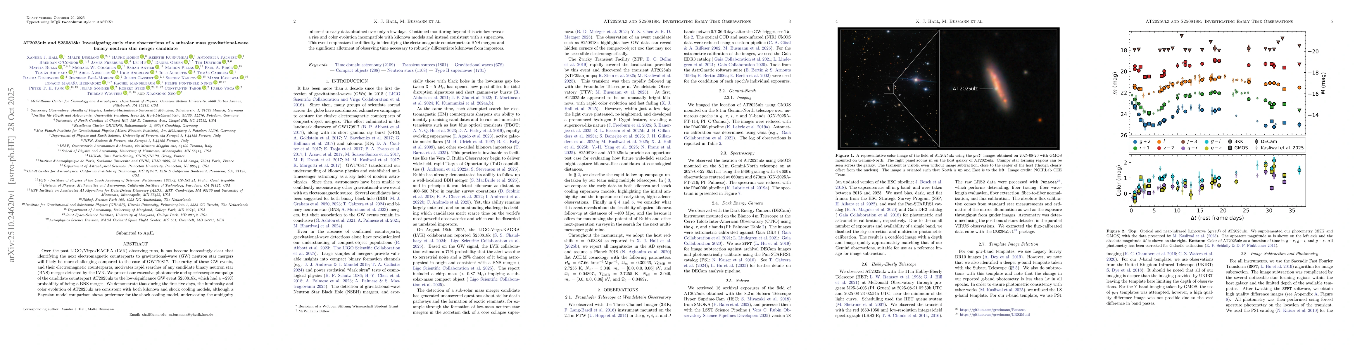 Thumbnail for AT2025ulz and S250818k: Investigating early time observations of a
  subsolar mass gravitational-wave binary neutron star merger candidate