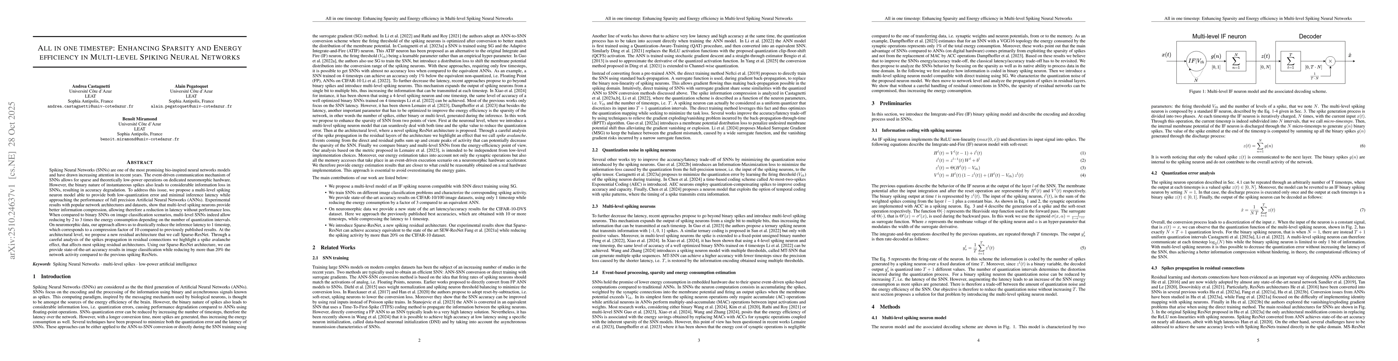 Thumbnail for All in one timestep: Enhancing Sparsity and Energy efficiency in
  Multi-level Spiking Neural Networks