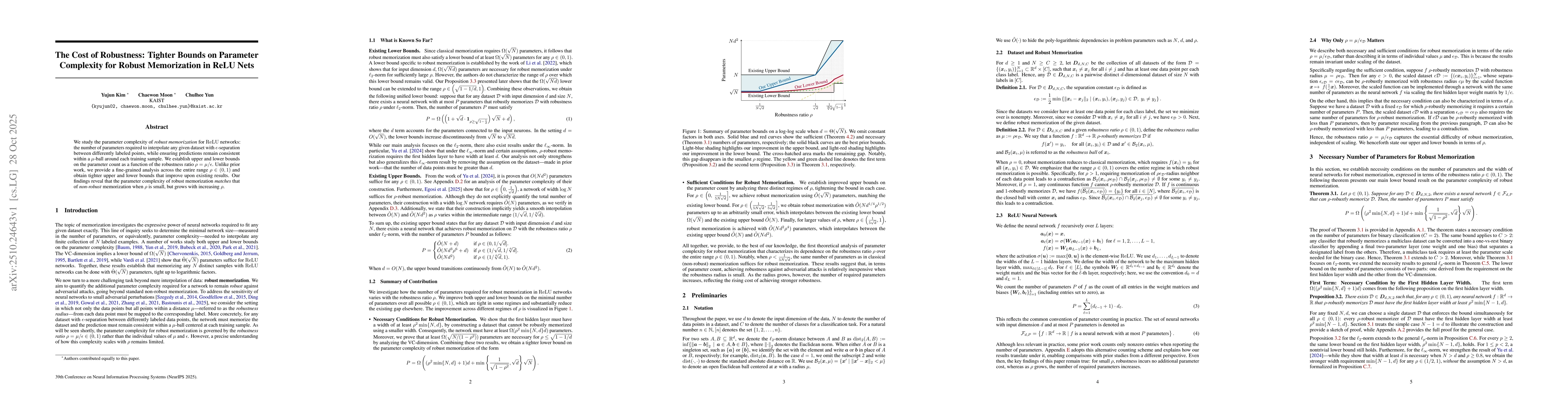 Thumbnail for The Cost of Robustness: Tighter Bounds on Parameter Complexity for
  Robust Memorization in ReLU Nets