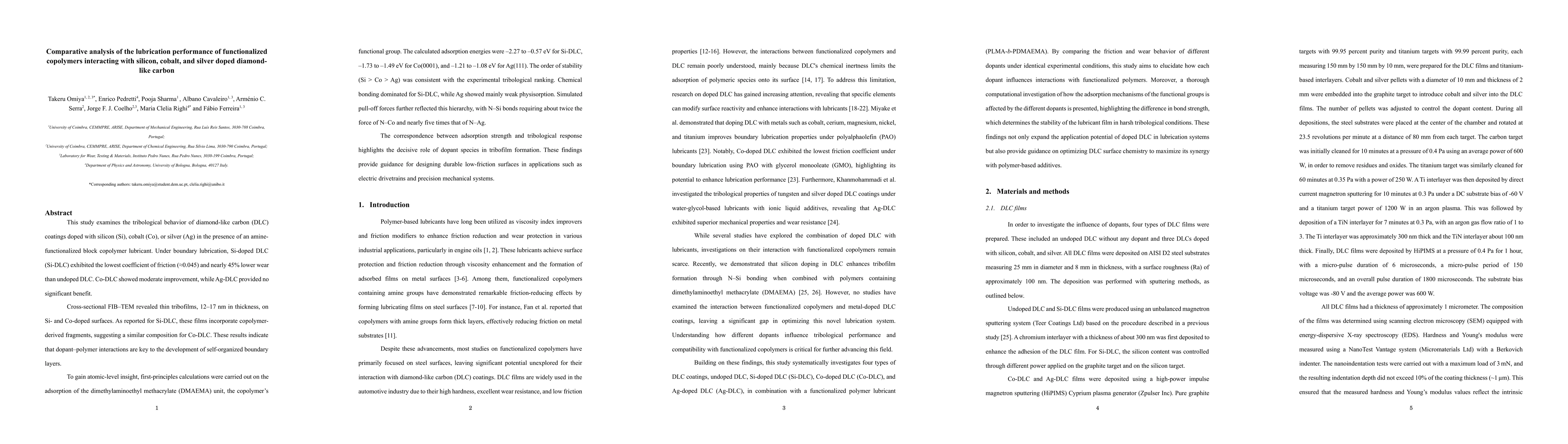Thumbnail for Comparative analysis of the lubrication performance of functionalized
  copolymers interacting with silicon, cobalt, and silver doped diamond-like
  carbon