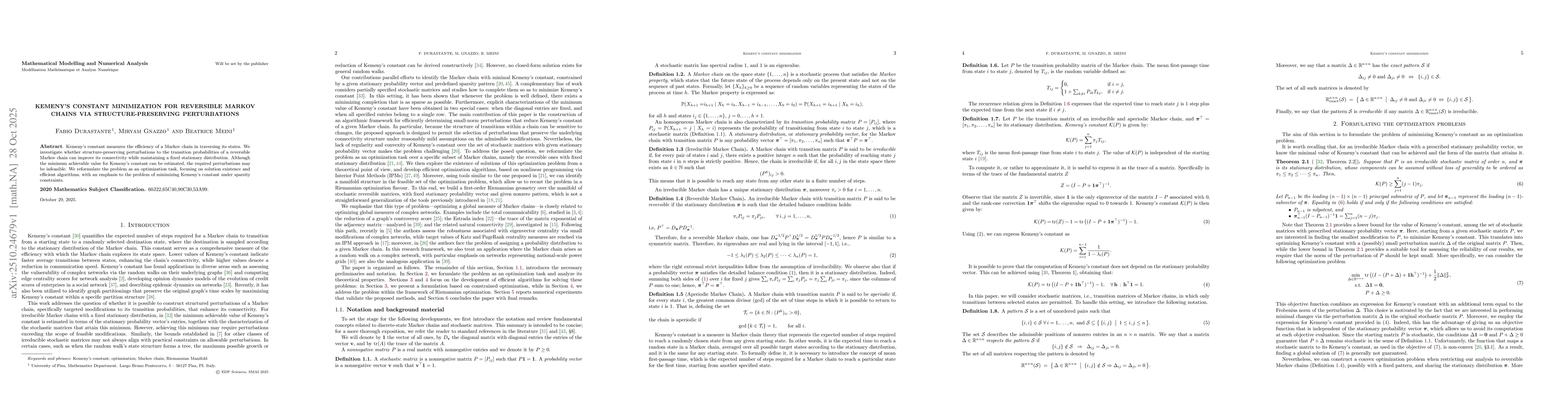 Thumbnail for Kemeny's constant minimization for reversible Markov chains via
  structure-preserving perturbations