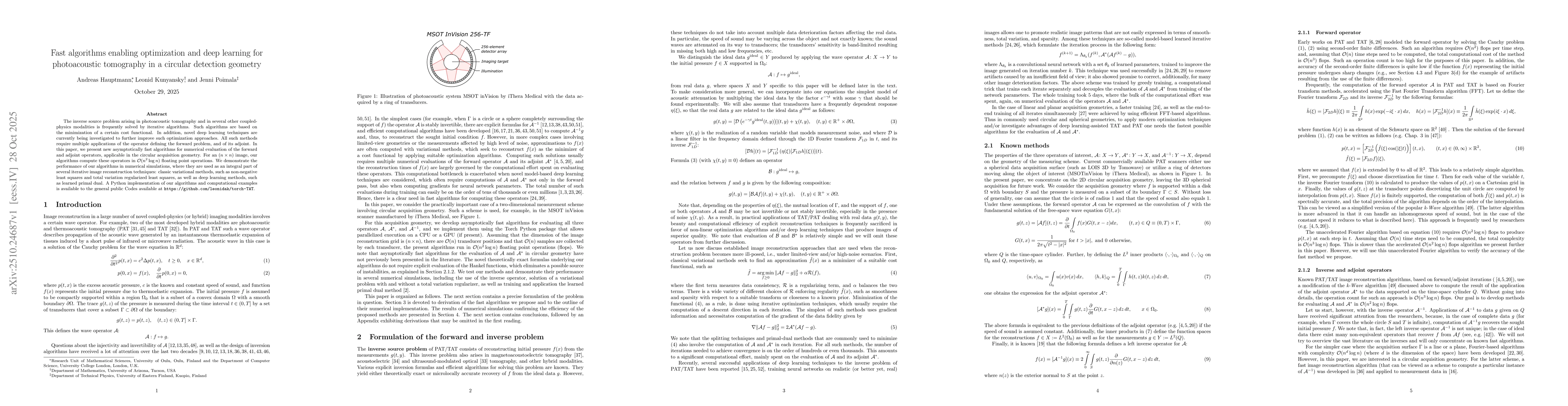 Thumbnail for Fast algorithms enabling optimization and deep learning for
  photoacoustic tomography in a circular detection geometry