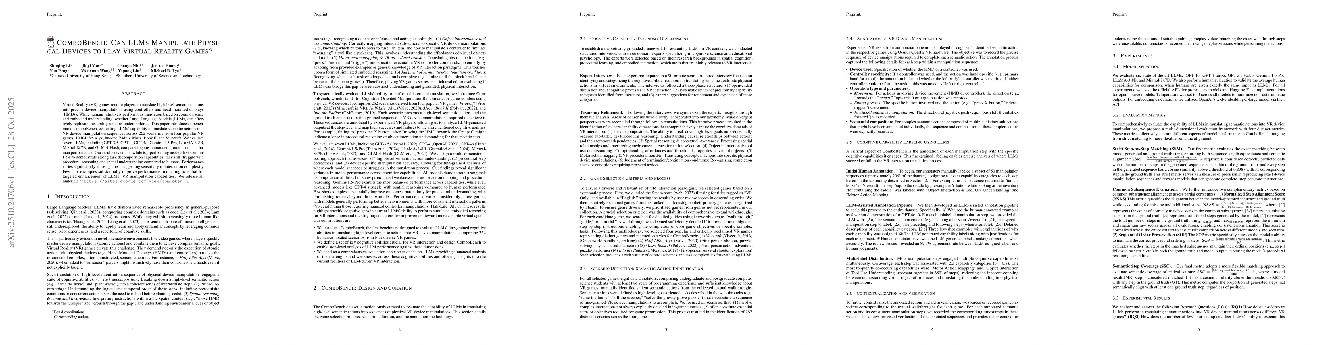 Thumbnail for ComboBench: Can LLMs Manipulate Physical Devices to Play Virtual Reality
  Games?