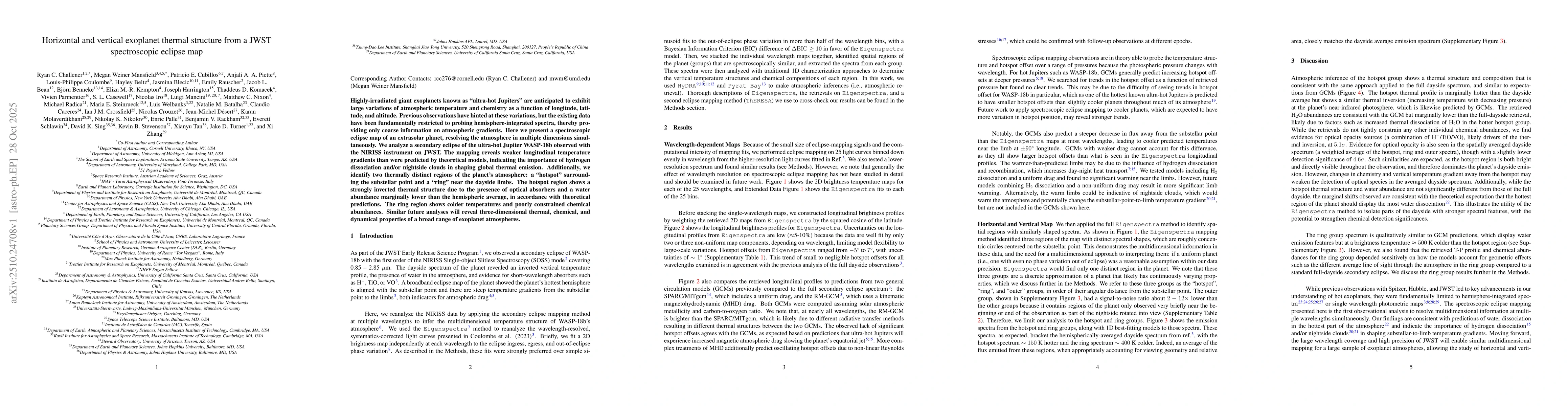 Thumbnail for Horizontal and vertical exoplanet thermal structure from a JWST
  spectroscopic eclipse map
