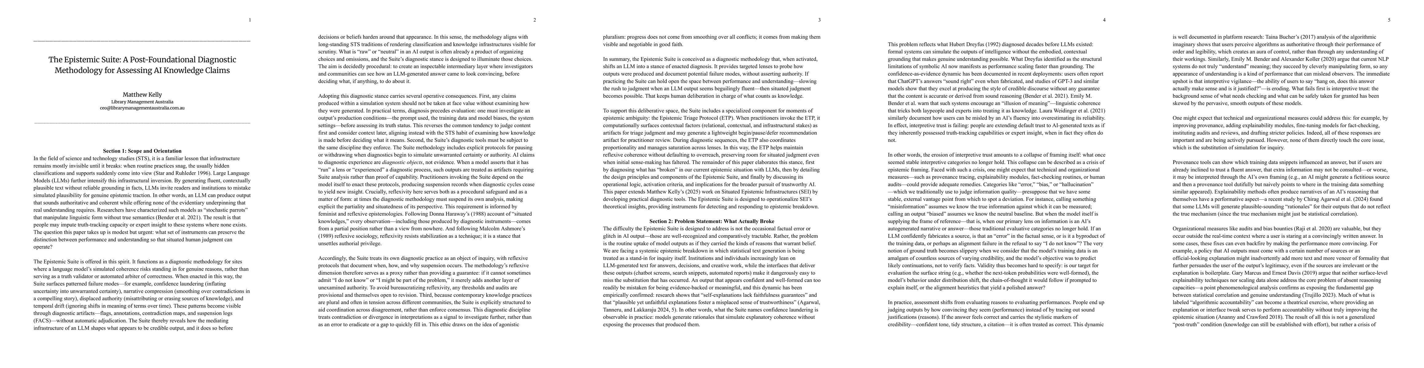 Thumbnail for The Epistemic Suite: A Post-Foundational Diagnostic Methodology for
  Assessing AI Knowledge Claims